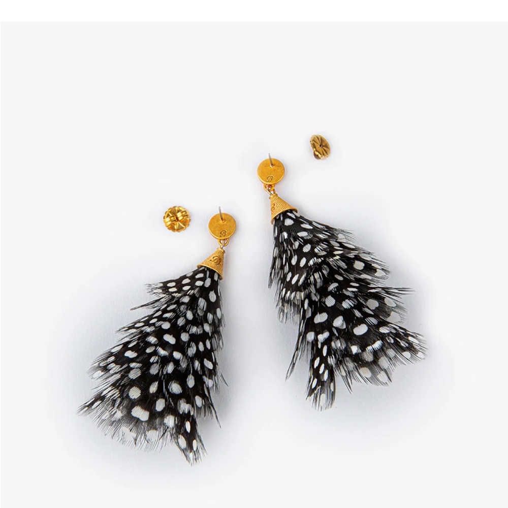 Gold Top Black & White Feather Drop Earrings - Picture 3 of 12